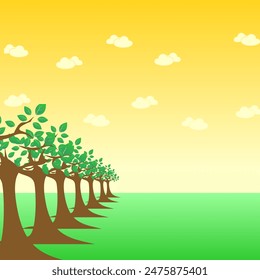 Green garden with shady tree and sunset illustration design vector