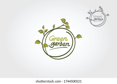 Ilustración del logotipo del Vector Green Garden. Diseño de logotipo limpio y excepcional. Las hojas verdes forman un círculo con elementos decorativos.