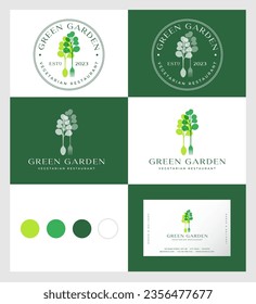 Logo del restaurante vegetariano Green Garden. Cubertería con mangos que parecen hojas de lechuga. Sello de círculo. Identidad. Tarjeta de visita.