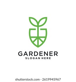 Green gardener logo with leaf and shield symbol
