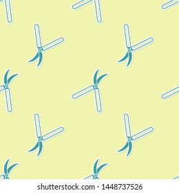 Green Gardening handmade scissors for trimming icon isolated seamless pattern on yellow background. Pruning shears with wooden handles.  Vector Illustration