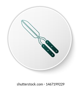 Green Gardening handmade scissors for trimming icon isolated on white background. Pruning shears with wooden handles. White circle button. Vector Illustration