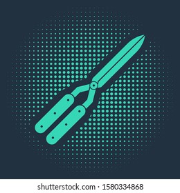 Green Gardening handmade scissors for trimming icon isolated on blue background. Pruning shears with wooden handles. Abstract circle random dots. Vector Illustration