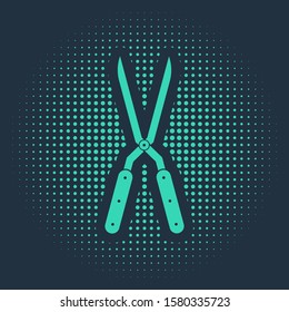 Green Gardening handmade scissors for trimming icon isolated on blue background. Pruning shears with wooden handles. Abstract circle random dots. Vector Illustration