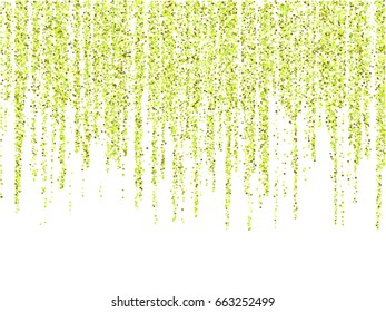 Green garlands hanging background vector illustration. Circle dust falling down, flying round confetti elements in vertical lines. Multiple mustard dots, celebration graphic design on white. 