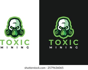 Green gas mask skull logo with Toxic Mining text on white and black backgrounds. Modern emblem design for branding and logos.