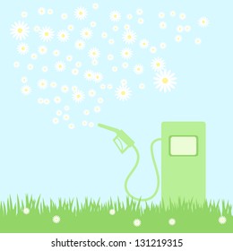 green gas pump on a green field with camomiles, vector illustration