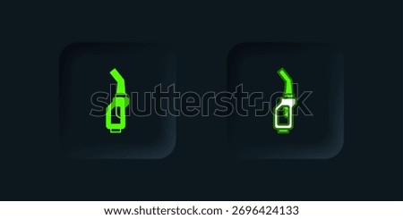 Green Gasoline pump nozzle icon isolated on black background. Fuel pump petrol station. Refuel service sign. Gas station icon. Black square button. Vector