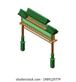 Green Gate as Symbolic Entrance at Shinto Shrine and Asian Architecture Isometric Vector Illustration