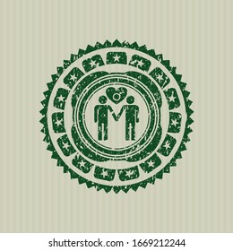 Green gay men love icon inside rubber stamp with grunge texture