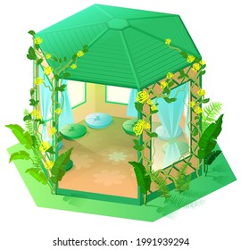 Green gazebo garden architecture 3d isometric illustration. Vector cartoon isolated on white