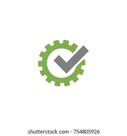Green gear with grey tick icon. Vector flat illustration for technology or innovation. Eco style.