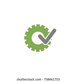 Green gear with grey tick icon. Vector flat illustration for technology or innovation. Eco style.