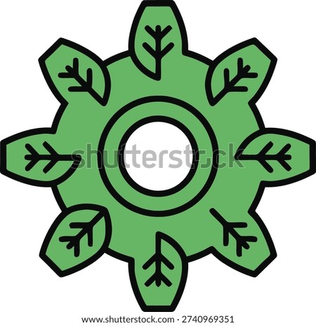 Green gear icon: a circular gear element adorned with multiple leaves, representing eco-friendly mechanics and sustainable operational processes.