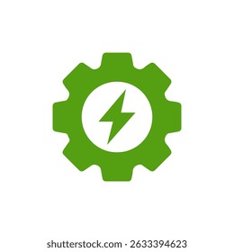 A green gear with a lightning bolt represents ecofriendly energy solutions, highlighting the blend of technology and sustainability crucial for the future of energy and environmental preservation