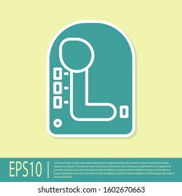 Green Gear shifter icon isolated on yellow background. Transmission icon.  Vector Illustration