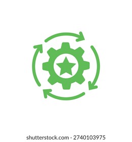 Green gear with star and circular arrows white background