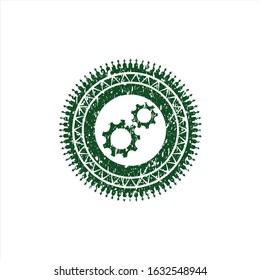 Green gear, team work icon inside distress grunge seal