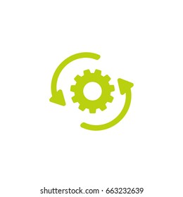 Green Gear and two green round arrows. Icon Isolated on white. Workflow Concept Icon. Automation pictogram. 