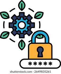 A green gear with a yellow lock on it. The lock is a symbol of security and protection, while the gear represents progress and movement