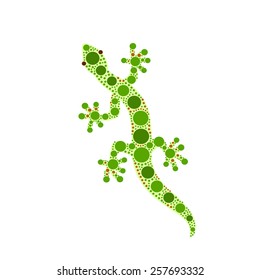 Green gecko lizard on white aboriginal Australian style dot painting illustration, vector