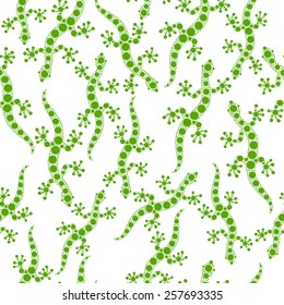 Green gecko lizard on white aboriginal australian style dot painting seamless pattern, vector