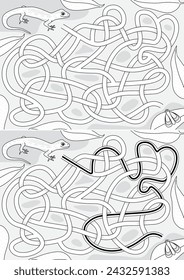 Green gecko maze for kids with a solution in black and white