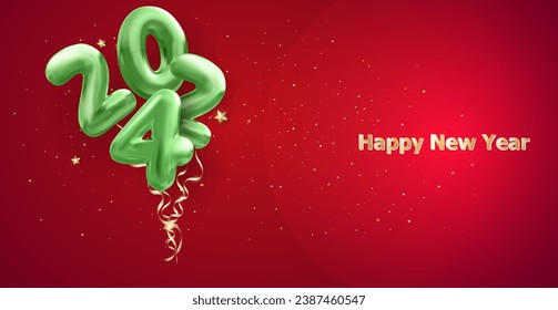 Green gel balloons 2024 on red holiday background. Design of greeting card, banner, flyer

