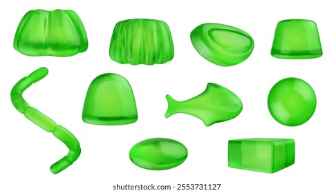 Green gelatin food isolated on white background. Realistic vector jelly, marmalade dessert or gum candy in bright cartoon style.