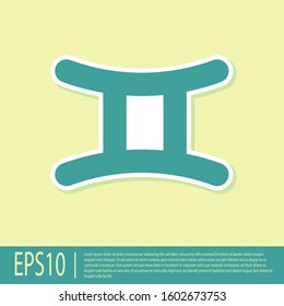 Green Gemini zodiac sign icon isolated on yellow background. Astrological horoscope collection.  Vector Illustration