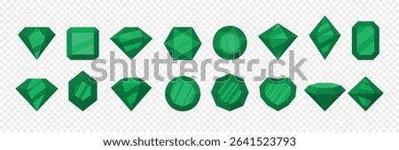 Green Gemstone Vector Set with Different Cuts. Emerald Crystal Icons in Various Shapes for Jewelry Design, Game, Treasure Graphics, Fantasy Icons, Craft Assets, Crystal Elements, Gemstone Illustration