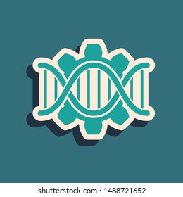 Green Genetic engineering icon isolated on blue background. DNA analysis, genetics testing, cloning, paternity testing. Long shadow style. Vector Illustration