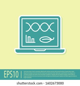 Green Genetic engineering modification on laptop icon isolated on yellow background. DNA analysis, genetics testing, cloning.  Vector Illustration