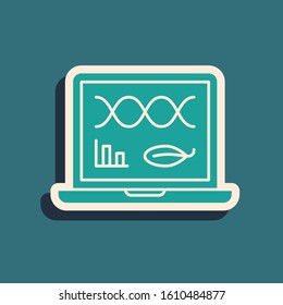 Green Genetic engineering modification on laptop icon isolated on blue background. DNA analysis, genetics testing, cloning. Long shadow style. Vector Illustration