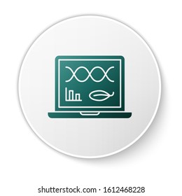 Green Genetic engineering modification on laptop icon isolated on white background. DNA analysis, genetics testing, cloning. White circle button. Vector Illustration