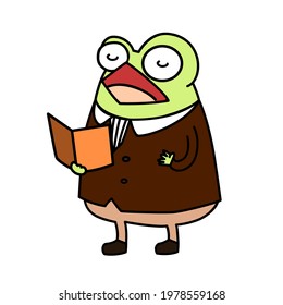 A green gentleman frog singing  a song clip art cartoon with black ouline flat vector illustration isolated on white background. Frog singing in rainy season happily