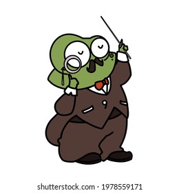 A green gentleman frog singing  a song clip art cartoon with black ouline flat vector illustration isolated on white background. Frog singing in rainy season happily