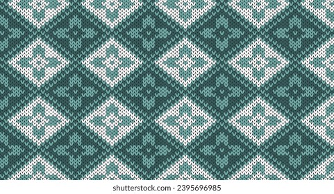 Green geomatric knitting design, Festive Sweater Design. Seamless Knitted Pattern