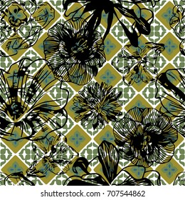 Green Geometric Background and Black Flowers