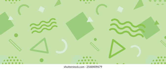 Green geometric background with light green and dark green shapes. The background features a playful, abstract style with green hues. Fun memphis pattern background.