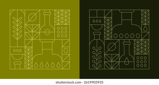 Green geometric backgrounds with olive oil in bottles, fruits and tree leaves. Set of vector outline abstract posters in modern line art style with Mediterranean virgin cooking oil and branches
