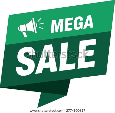 Green geometric banner with megaphone and bold text advertising a mega sale on a white background.