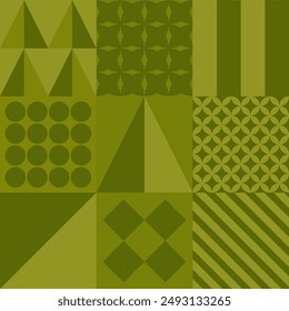 Green geometric christmas tree pattern with various shapes and designs, vector illustration, seamless and perfect for textile and wallpaper, isolated on white background.