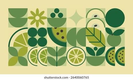 Green geometric food mosaic - lime and watermelon, lemon slices and leaves in abstract patchwork pattern. Round organic shapes combined in grid layout. Decorative repeat ornament design for print.