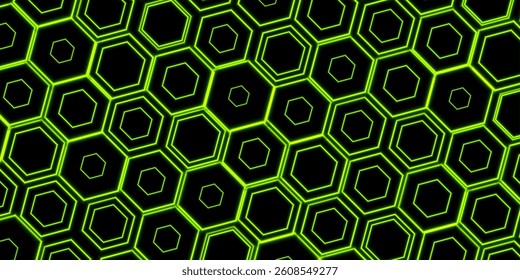 Green geometric laser hexagons abstract futuristic neon background. Vector technology design