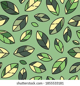 Las hojas geométricas verdes se repiten sin fisuras el diseño de fondo del patrón. Hojas abstractas del patrón vectorial de la naturaleza.