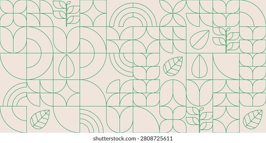 Green geometric line art pattern featuring leaf icons and organic shapes on a beige background. Ideal for eco-friendly branding and sustainable design projects.