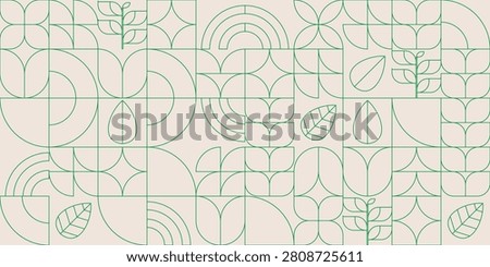 Green geometric line art pattern featuring leaf icons and organic shapes on a beige background. Ideal for eco-friendly branding and sustainable design projects.