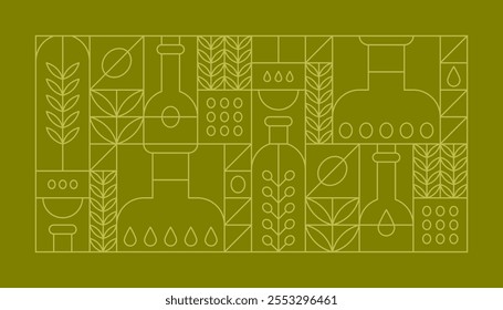 Fundo linear geométrico verde com azeite em garrafas, frutos e folhas de árvores. Vetor esboço cartaz abstrato em estilo moderno de arte de linha mínima com óleo de cozinha virgem mediterrânica e ramos