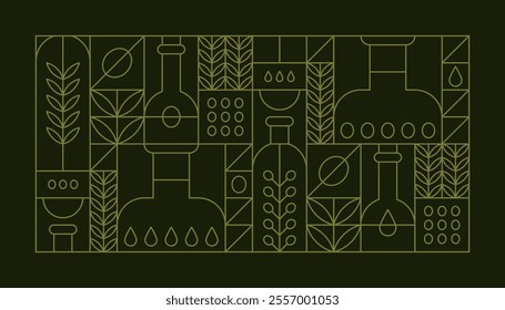 Green geometric linear background with olive oil in bottles, fruits and tree leaves. Vector outline abstract poster in modern minimal line art style with Mediterranean virgin cooking oil and branches